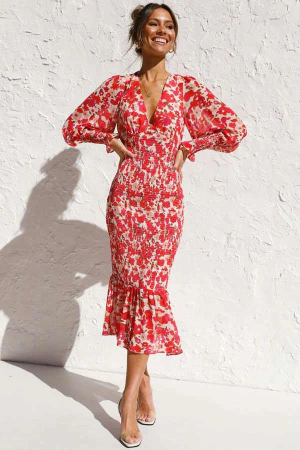 Ysa | Elegante midi-jurk met bloemenprint en pofmouwen