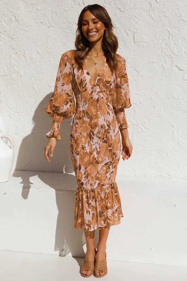 Ysa | Elegante midi-jurk met bloemenprint en pofmouwen