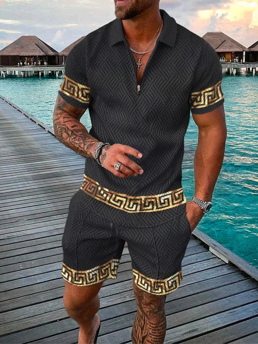 Vittorio - Heren set met poloshirt en korte broek met grafische boorddetails