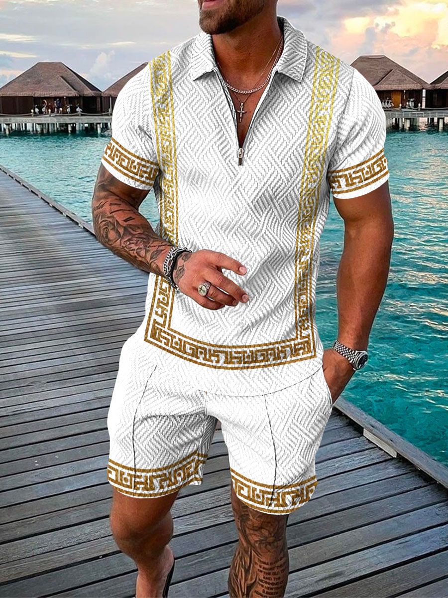 Vittorio - Heren set met poloshirt en korte broek met grafische boorddetails