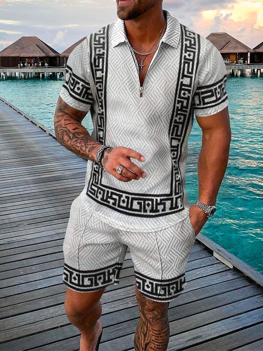 Vittorio - Heren set met poloshirt en korte broek met grafische boorddetails