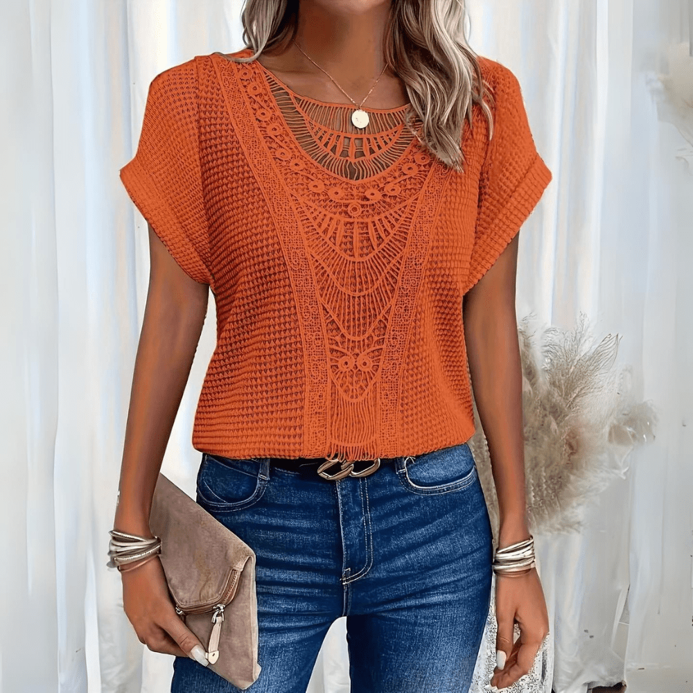 Diamante – Gehaakte top met korte mouw en boho-patroon voor dames