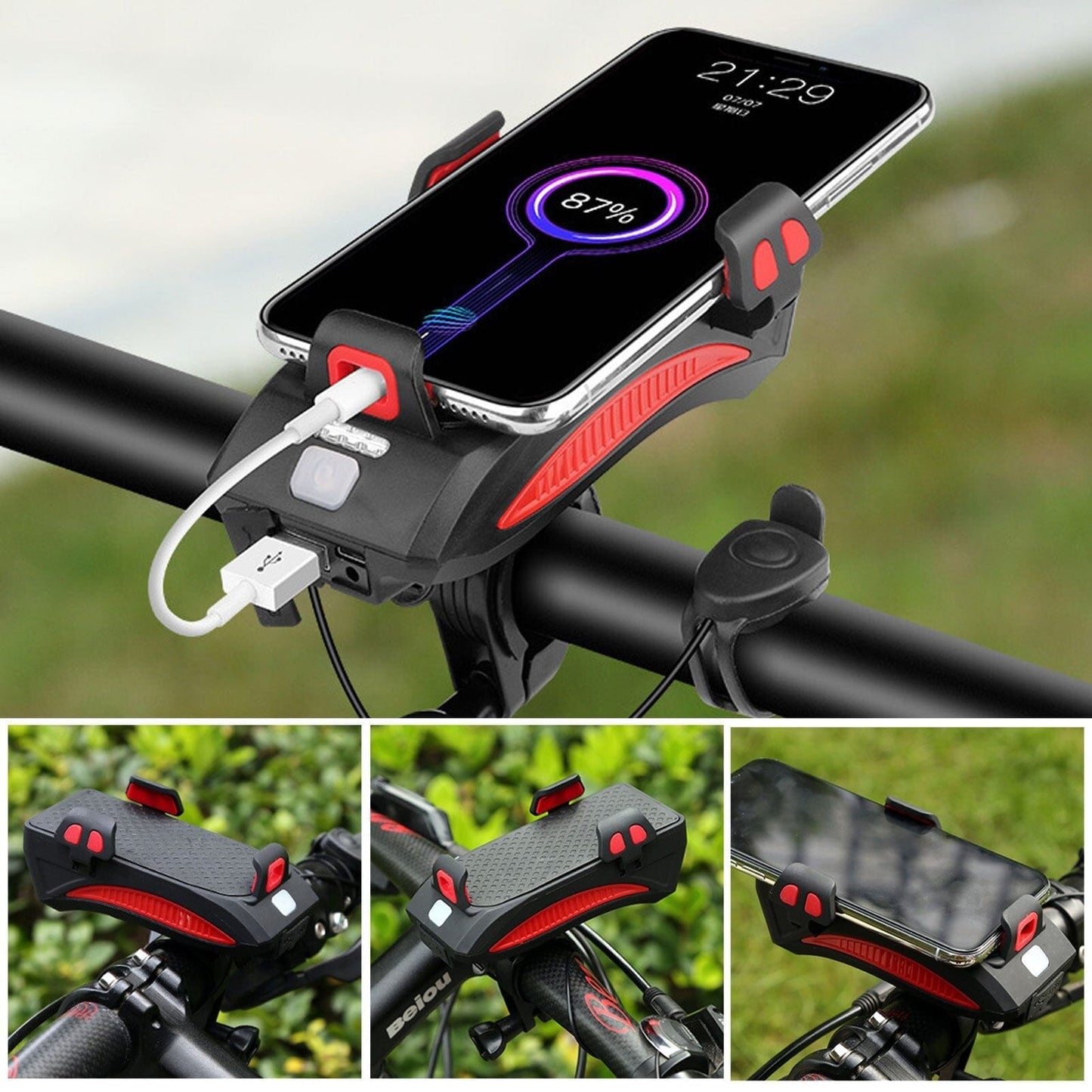 Innovatieve 4-1 fietslamp | powerbank | telefoonhouder - claxon
