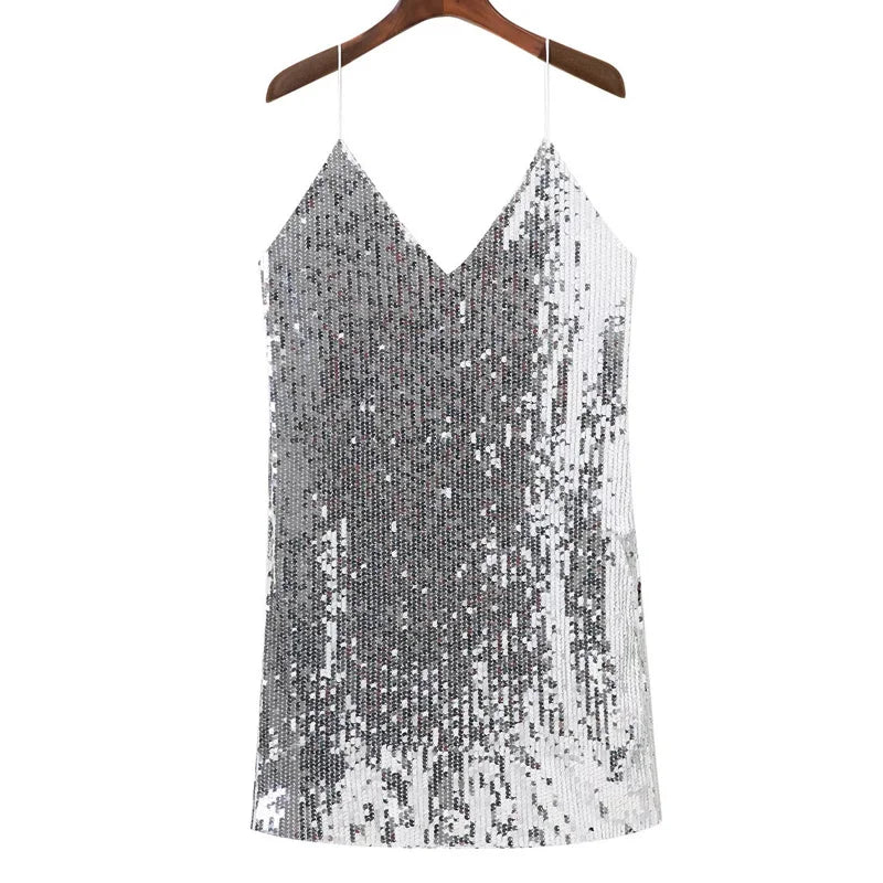 Whelmina - Glanzende pailletten mini jurk met diepe v-hals