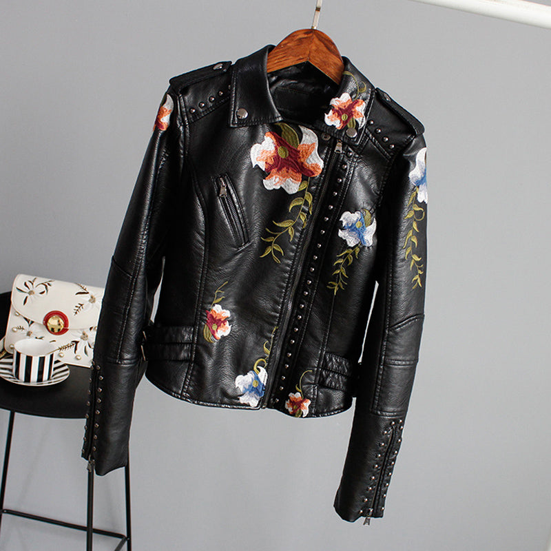 Eula - Dames leren jas met bloemenmotief