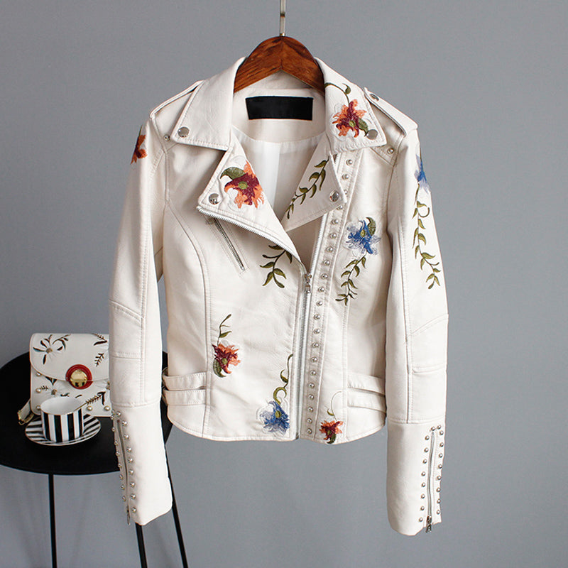 Eula - Dames leren jas met bloemenmotief