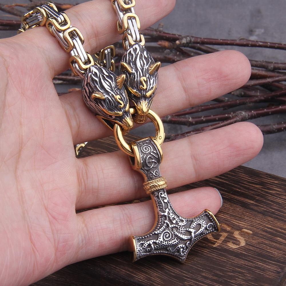 Ketting of armband met dubbele wolfskop en hamerhanger in verstelbare lengtes
