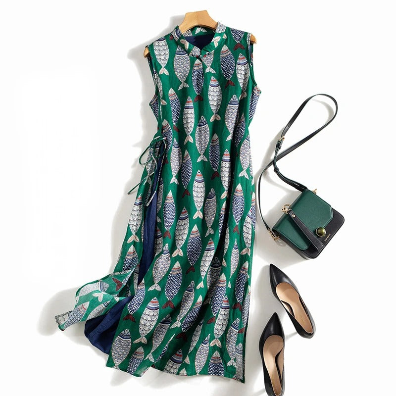 Sylvaine - Mouwloze dames maxi jurk met doorknoop en strikdetail