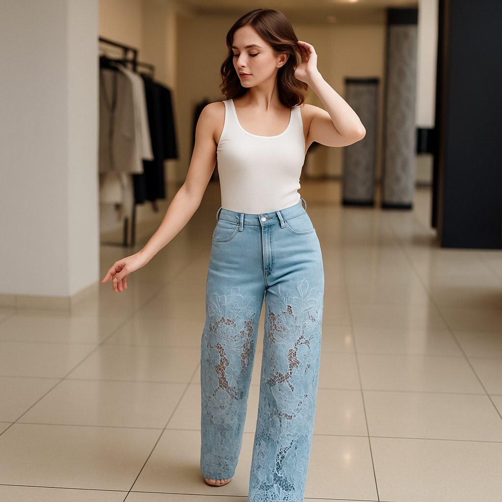 Izabela - Transparante damesjeans met bloemmotief en rechte pijpen