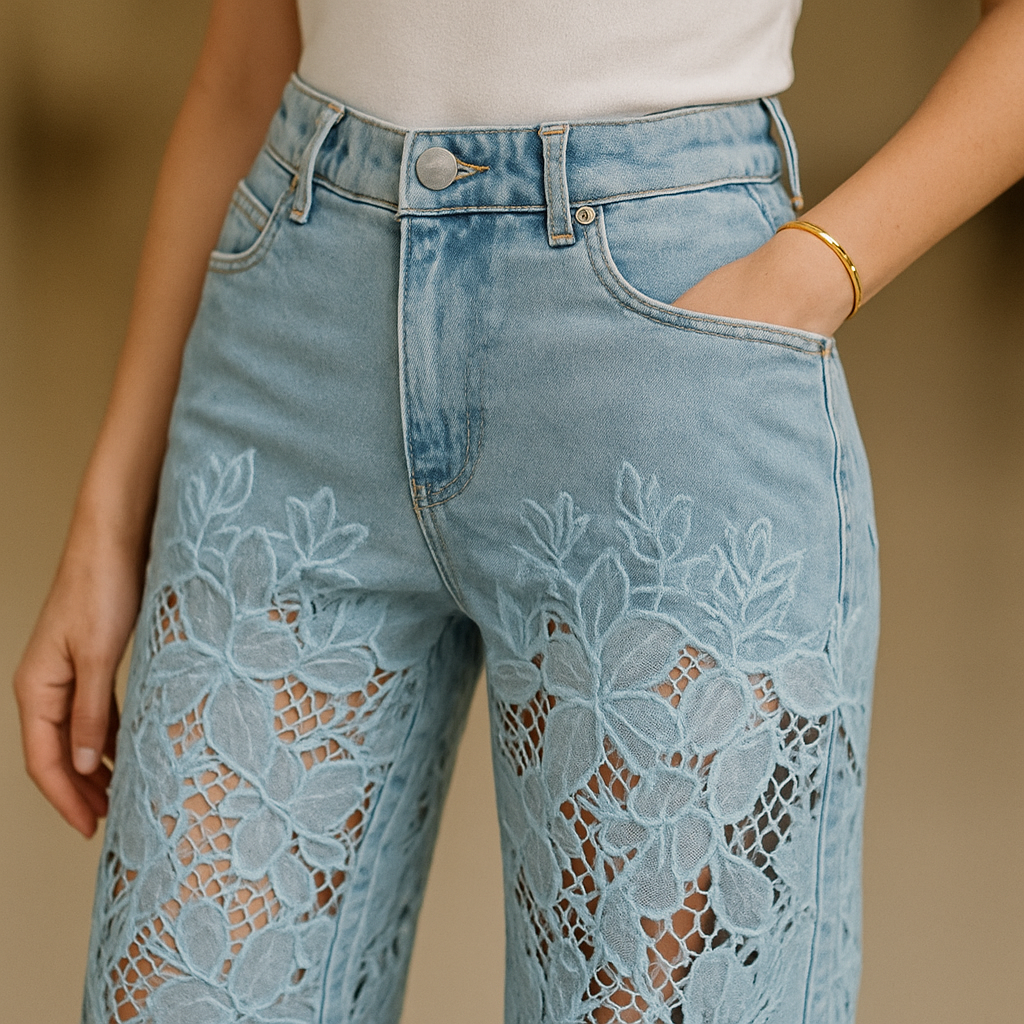 Izabela - Transparante damesjeans met bloemmotief en rechte pijpen