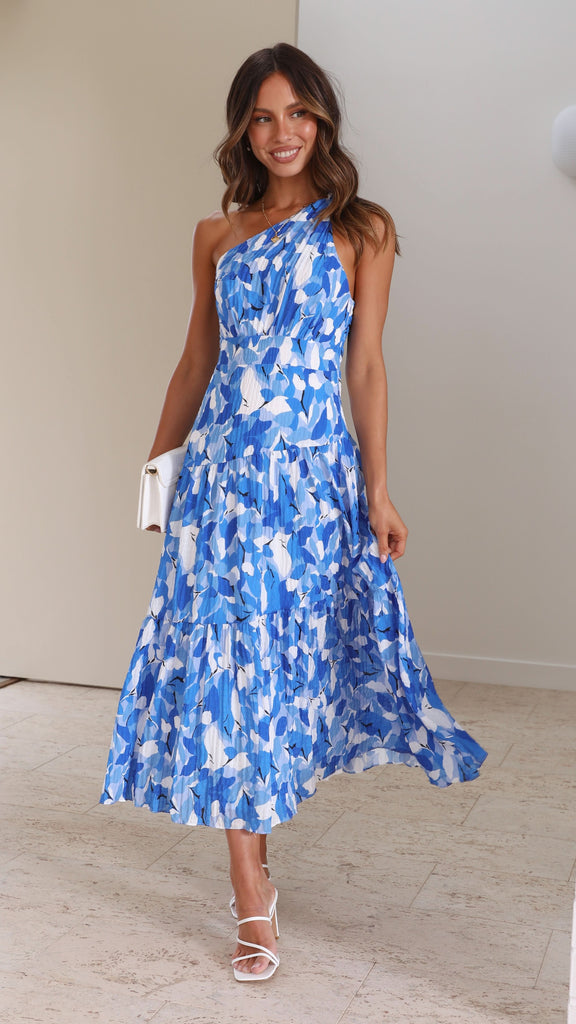 Megan - Dames midi-jurk met asymmetrische halslijn en speelse print