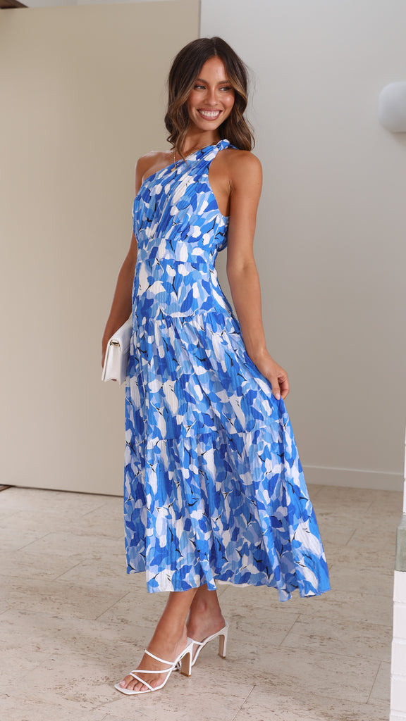 Megan - Dames midi-jurk met asymmetrische halslijn en speelse print