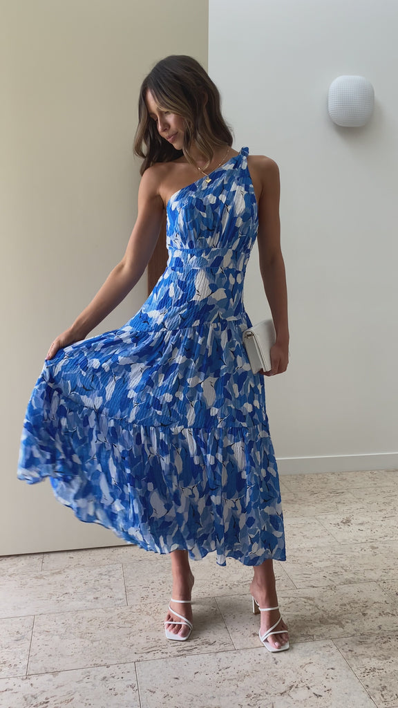 Megan - Dames midi-jurk met asymmetrische halslijn en speelse print