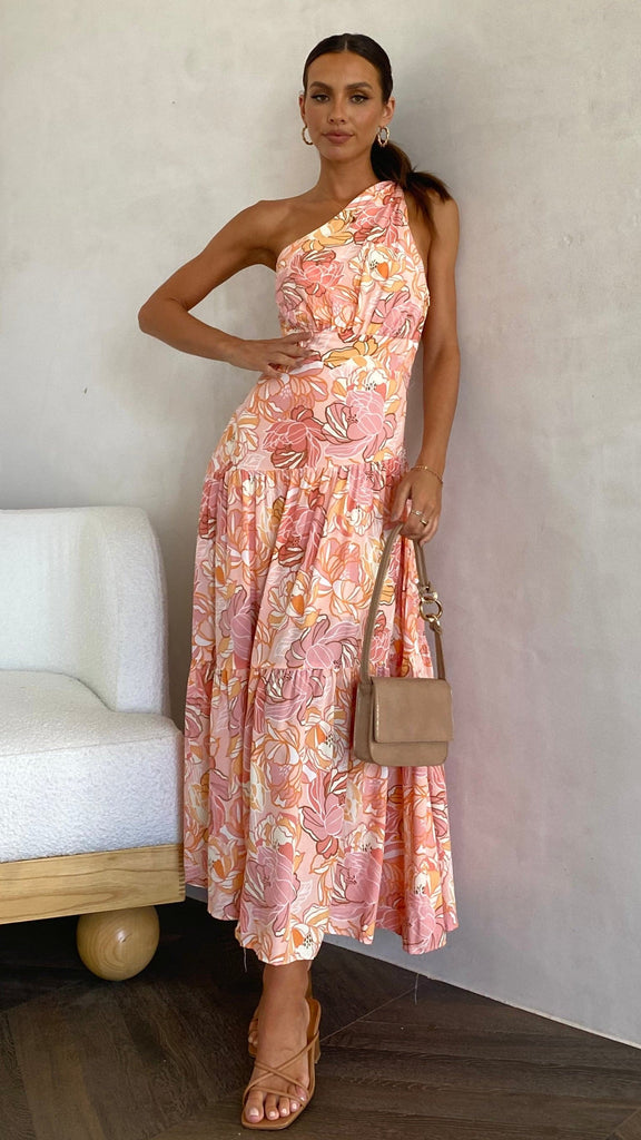 Megan - Dames midi-jurk met asymmetrische halslijn en speelse print