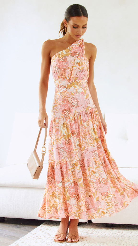 Megan - Dames midi-jurk met asymmetrische halslijn en speelse print