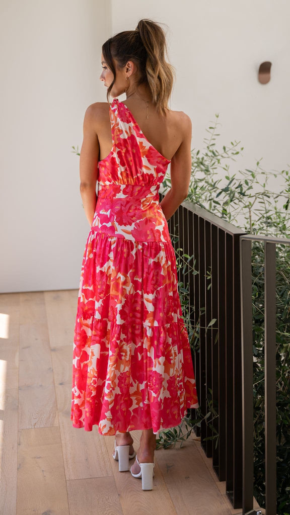 Megan - Dames midi-jurk met asymmetrische halslijn en speelse print