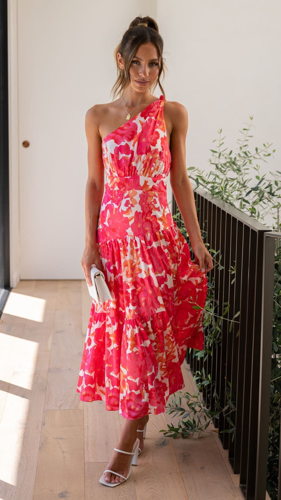 Megan - Dames midi-jurk met asymmetrische halslijn en speelse print