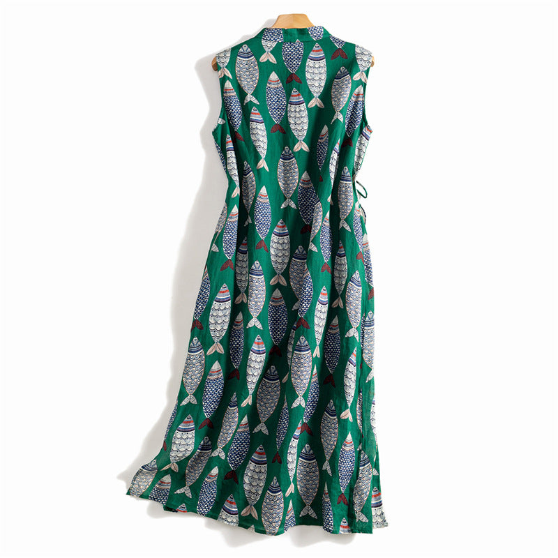 Sylvaine - Mouwloze dames maxi jurk met doorknoop en strikdetail
