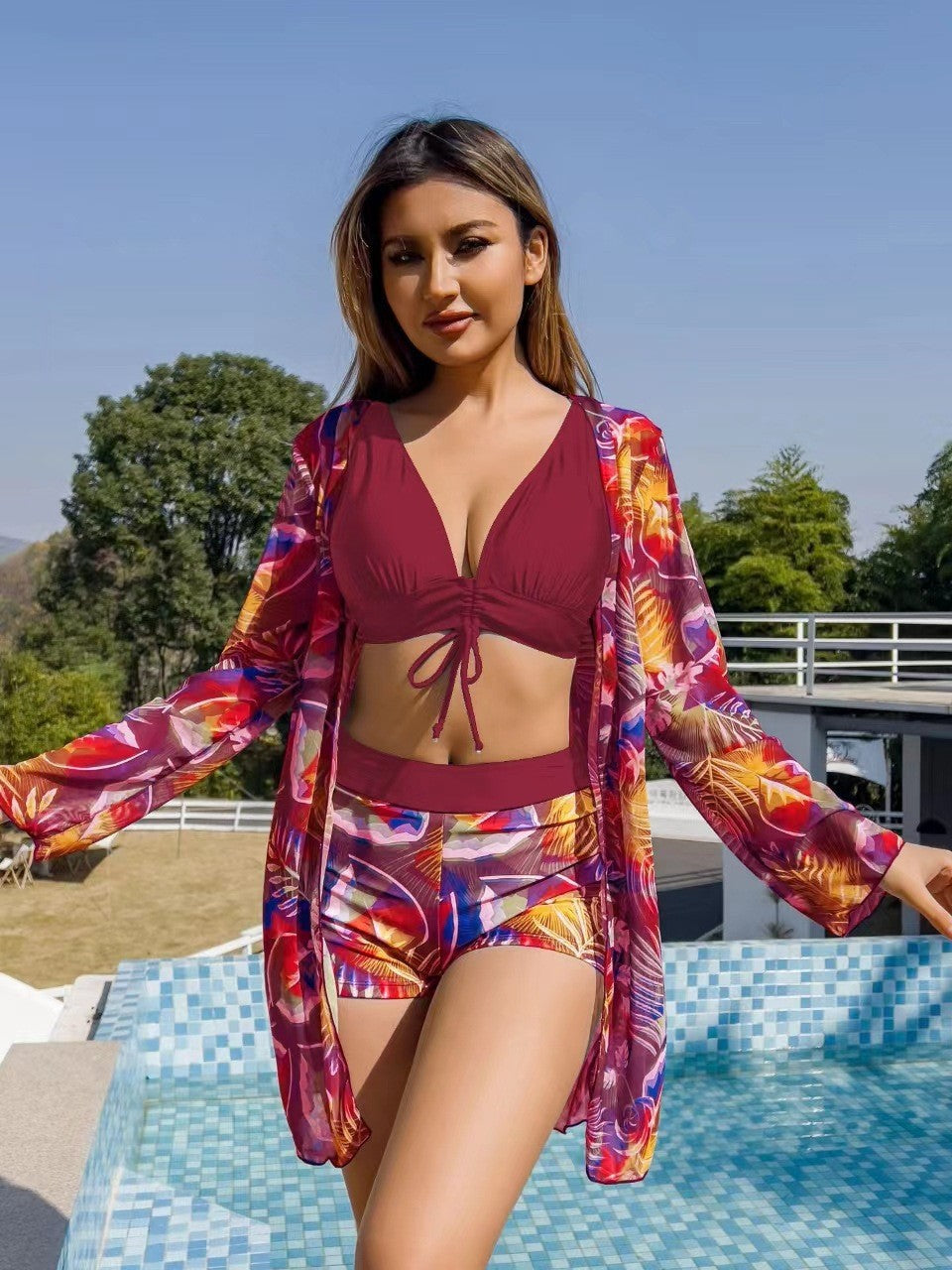 Sybille - Dames 3-delige zwemset met top, short en cover-up
