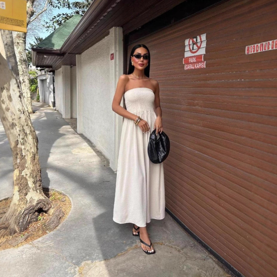 Elia - Strapless damesjurk met smocktop en midi-lengte