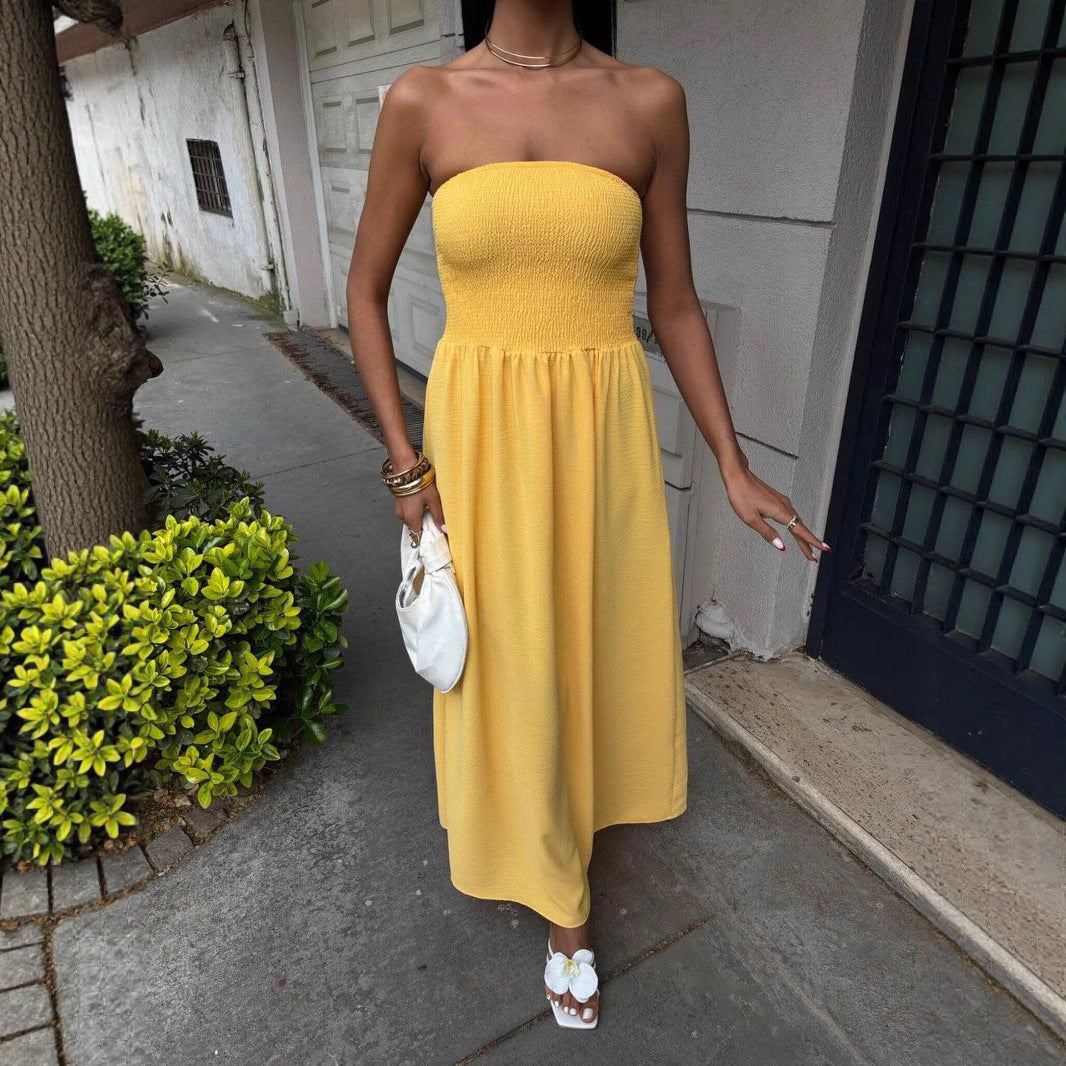Elia - Strapless damesjurk met smocktop en midi-lengte