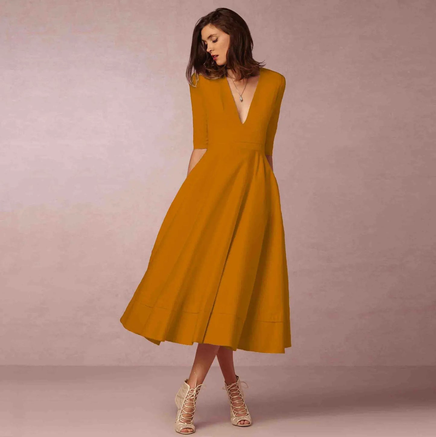 Victorina – Midi jurk met v-hals en halve mouwen voor dames