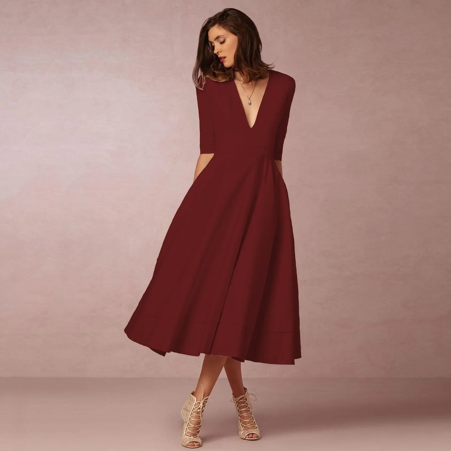 Victorina – Midi jurk met v-hals en halve mouwen voor dames