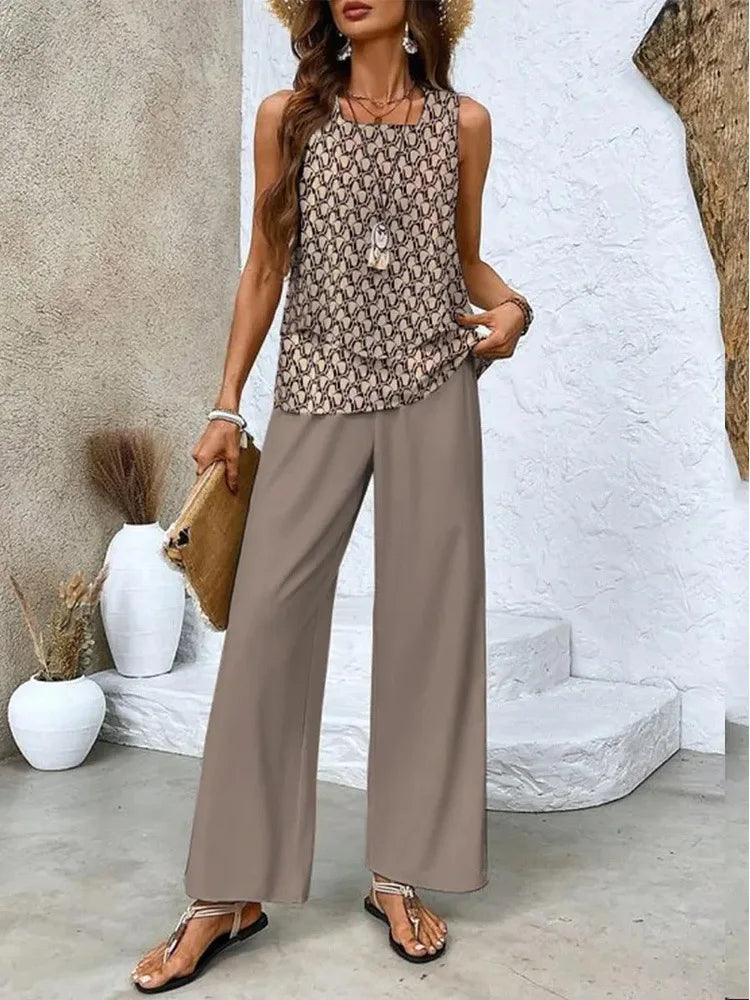 Elvira - Tweedelige dames set met gelaagde top en wijde broek