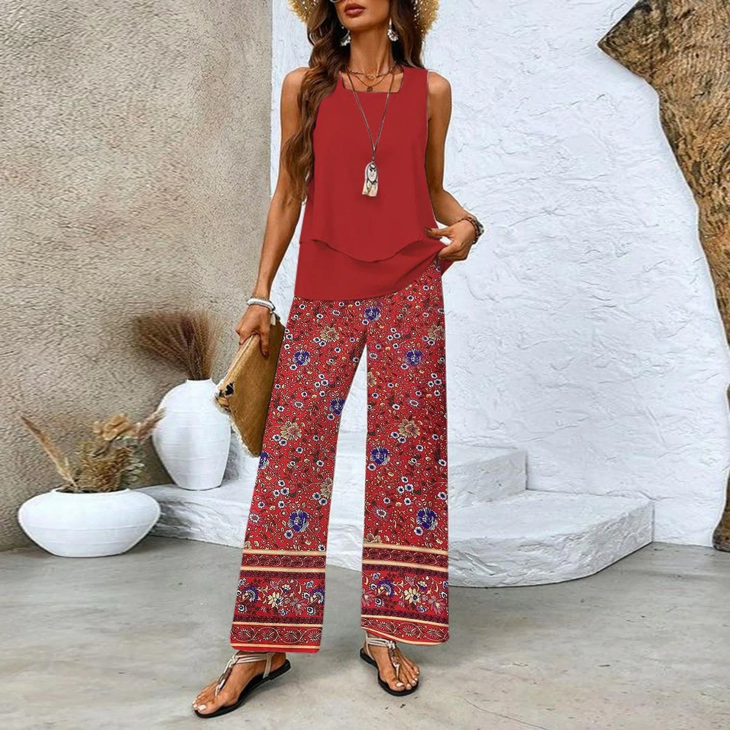 Elvira - Tweedelige dames set met gelaagde top en wijde broek