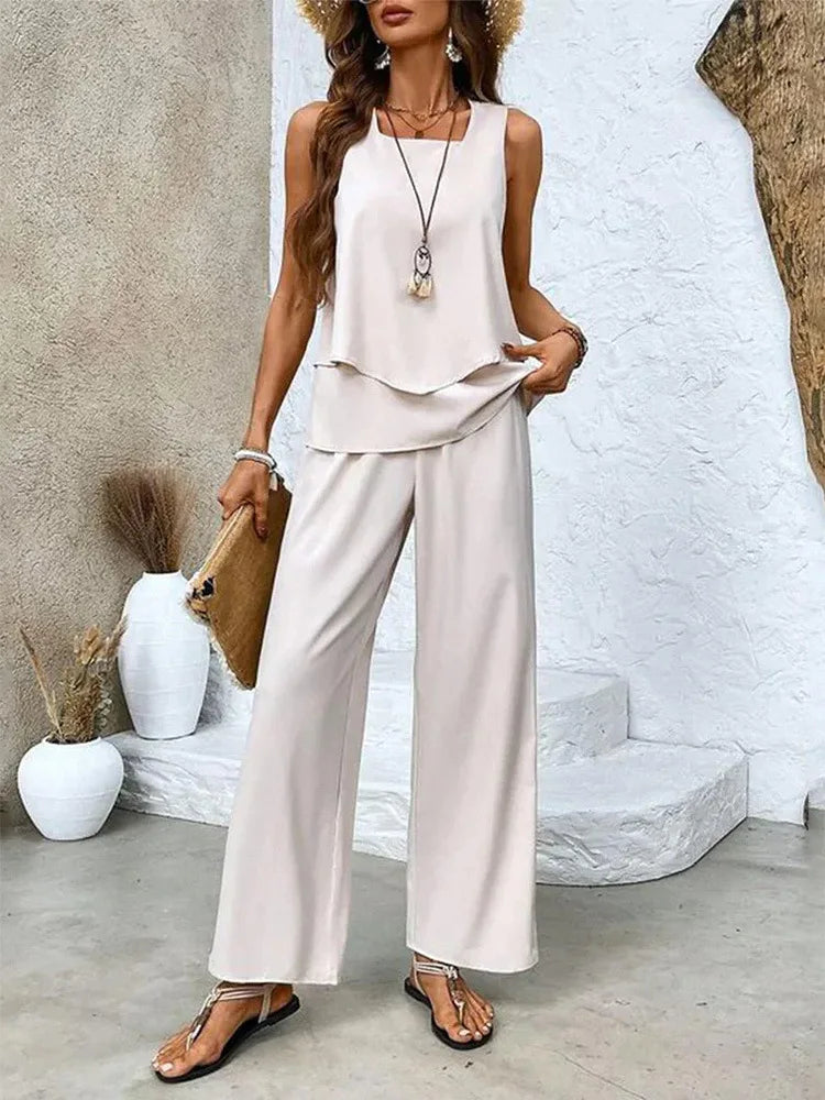 Elvira - Tweedelige dames set met gelaagde top en wijde broek