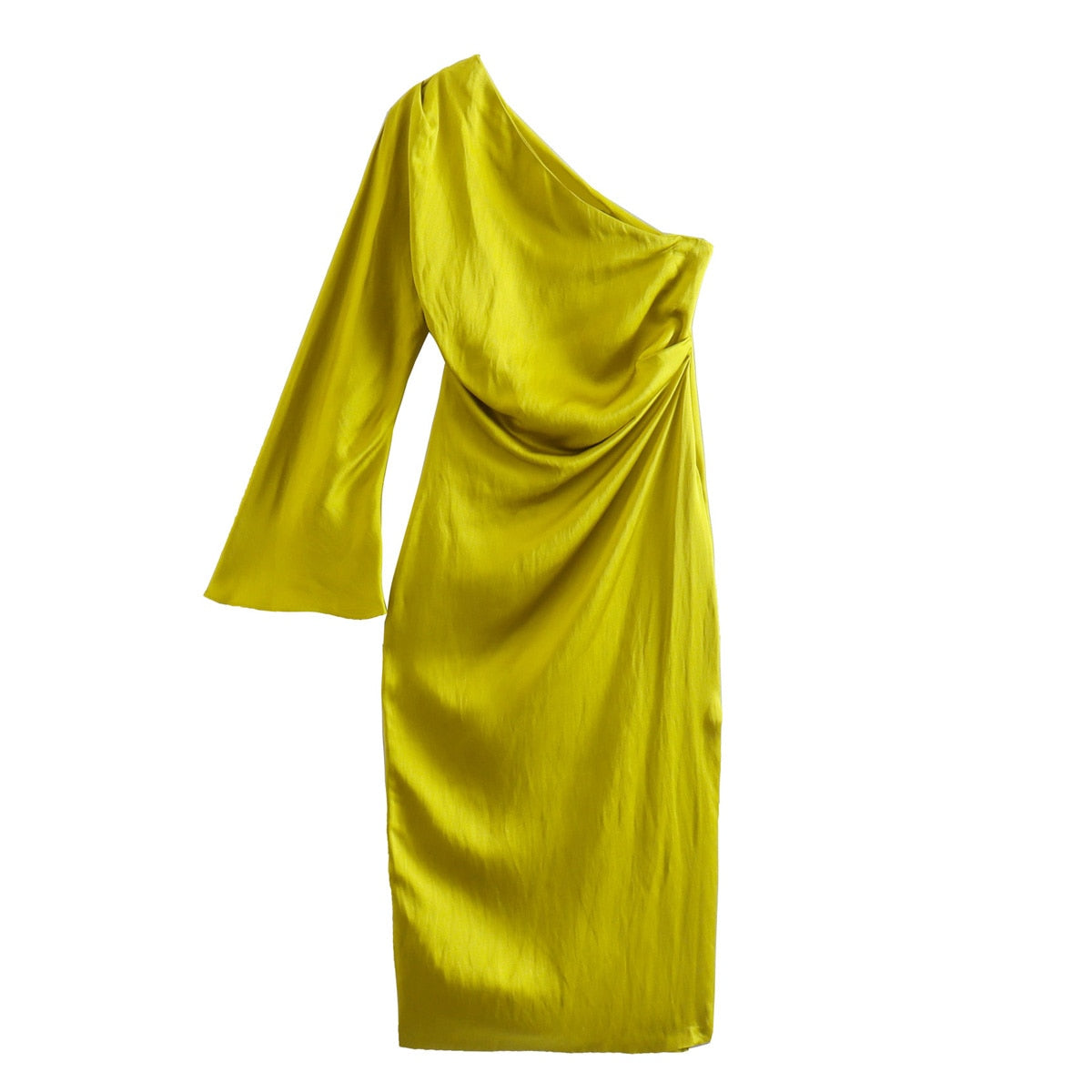 Gaia | One shoulder satijnen jurk geel groen