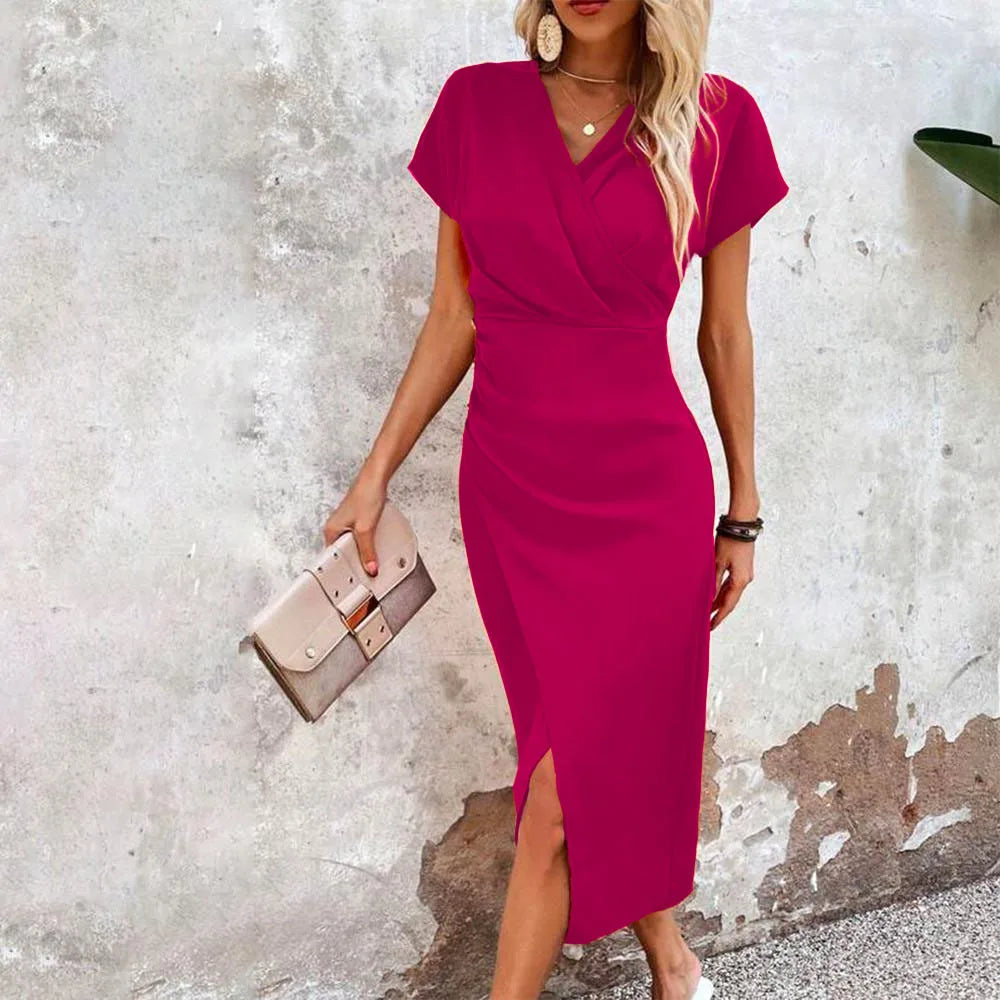 Antonette – Midi wikkeljurk met korte mouwen en split voor dames