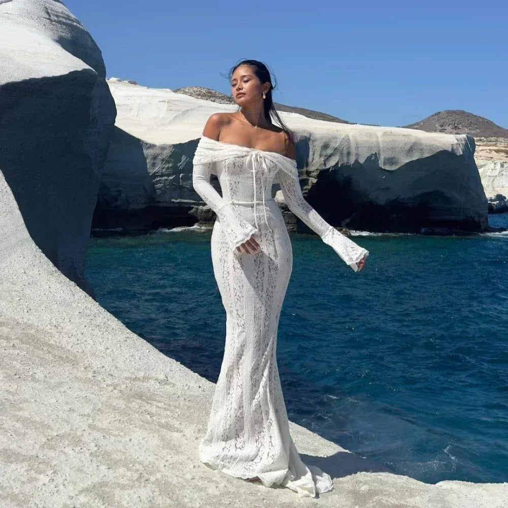 Hosefa – Off-shoulder maxi jurk met lange mouwen voor dames
