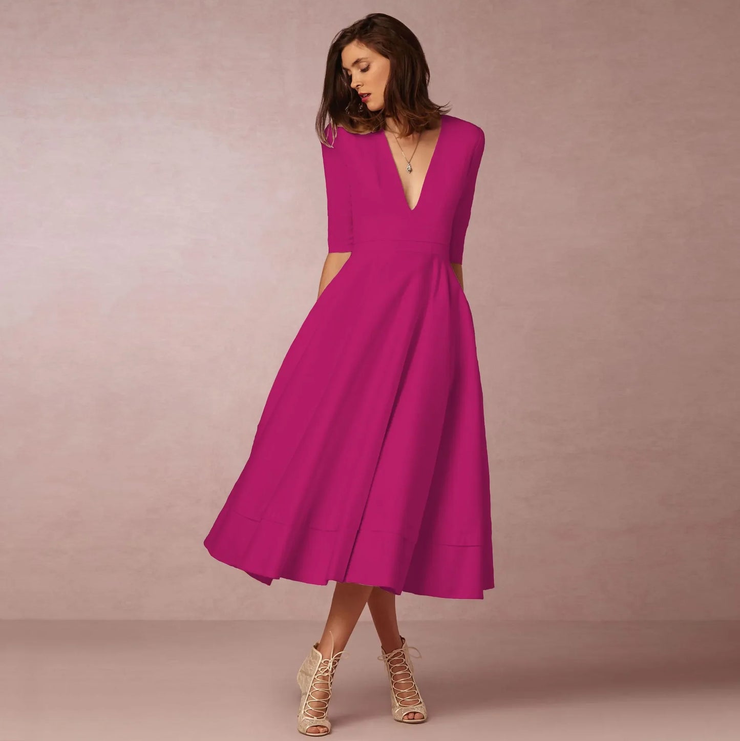Victorina – Midi jurk met v-hals en halve mouwen voor dames