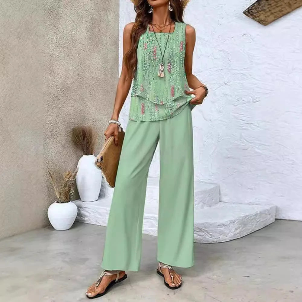 Elvira - Tweedelige dames set met gelaagde top en wijde broek