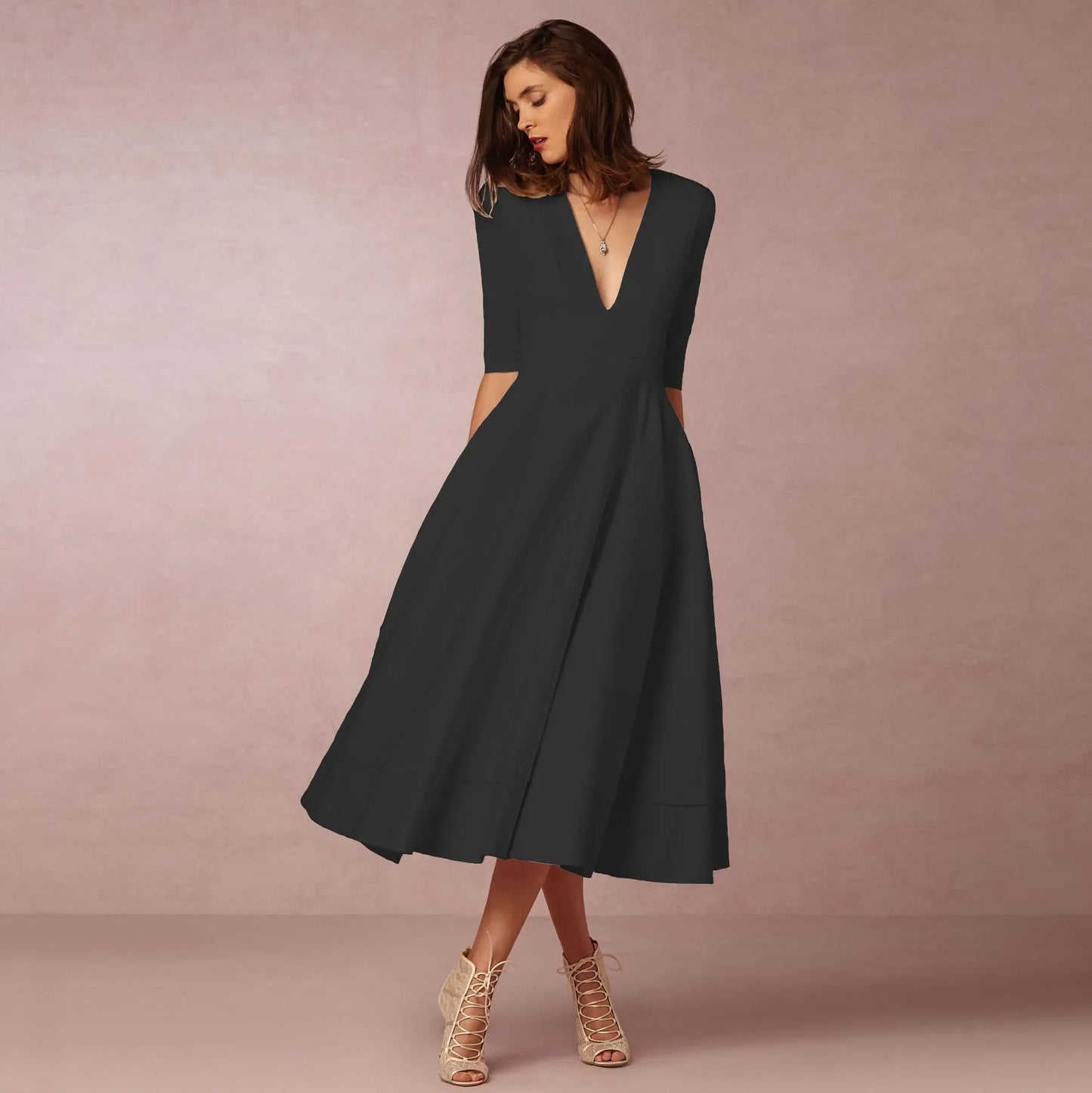 Victorina – Midi jurk met v-hals en halve mouwen voor dames