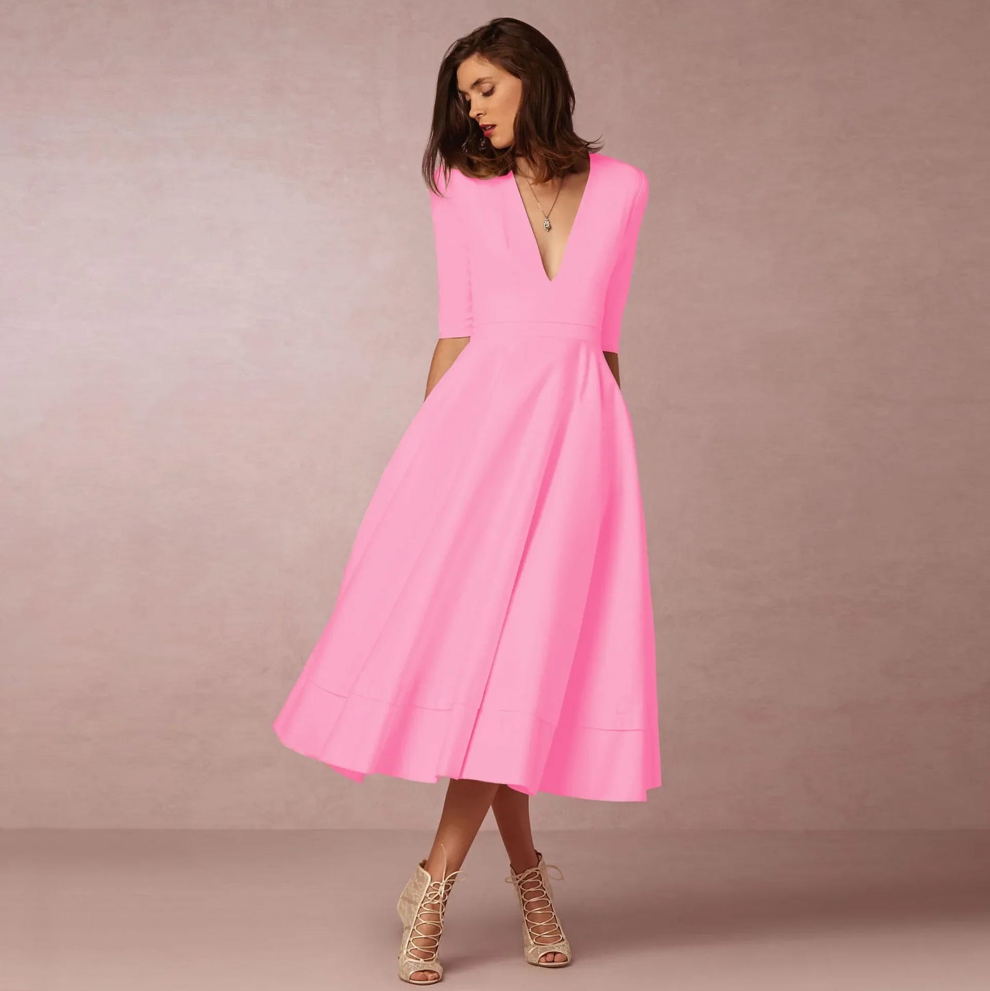 Victorina – Midi jurk met v-hals en halve mouwen voor dames