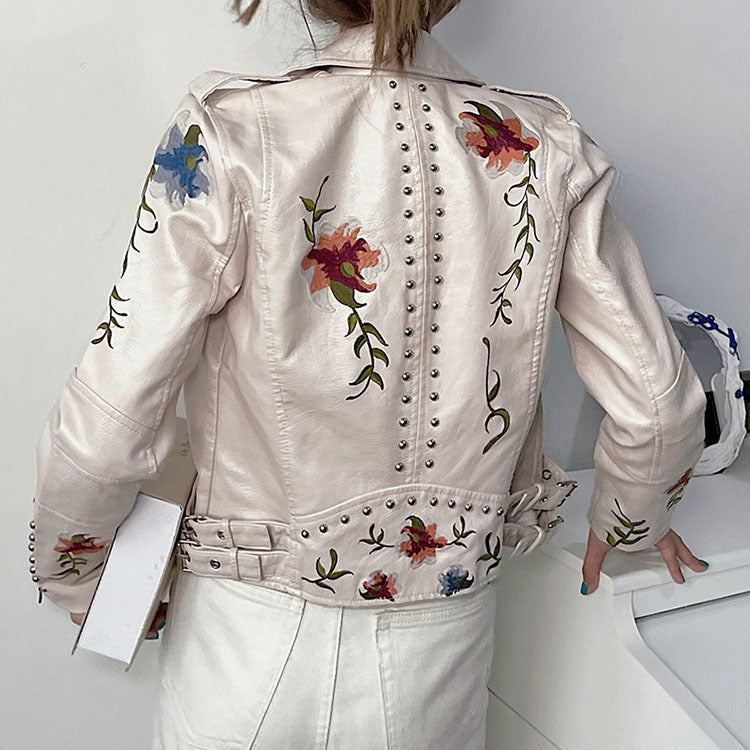 Eula - Dames leren jas met bloemenmotief