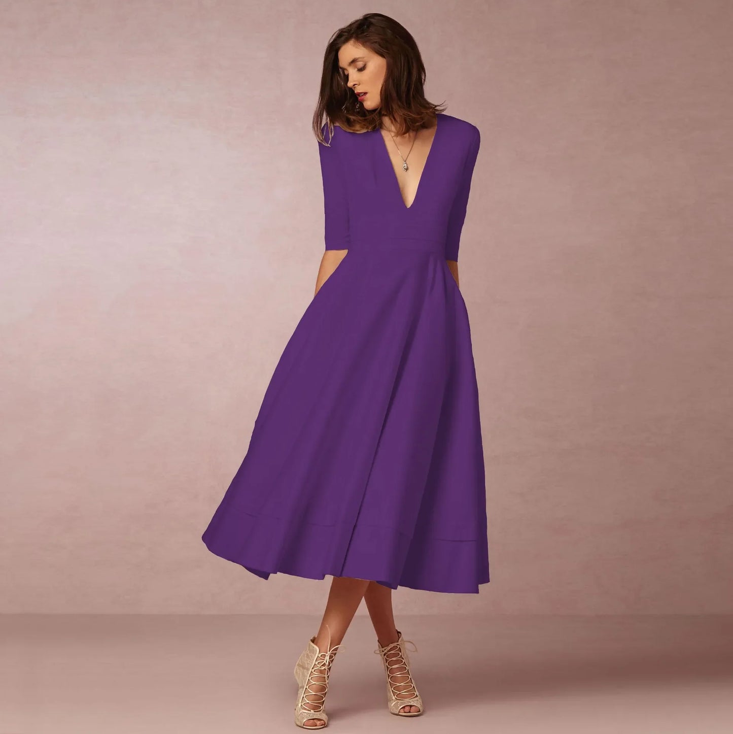 Victorina – Midi jurk met v-hals en halve mouwen voor dames