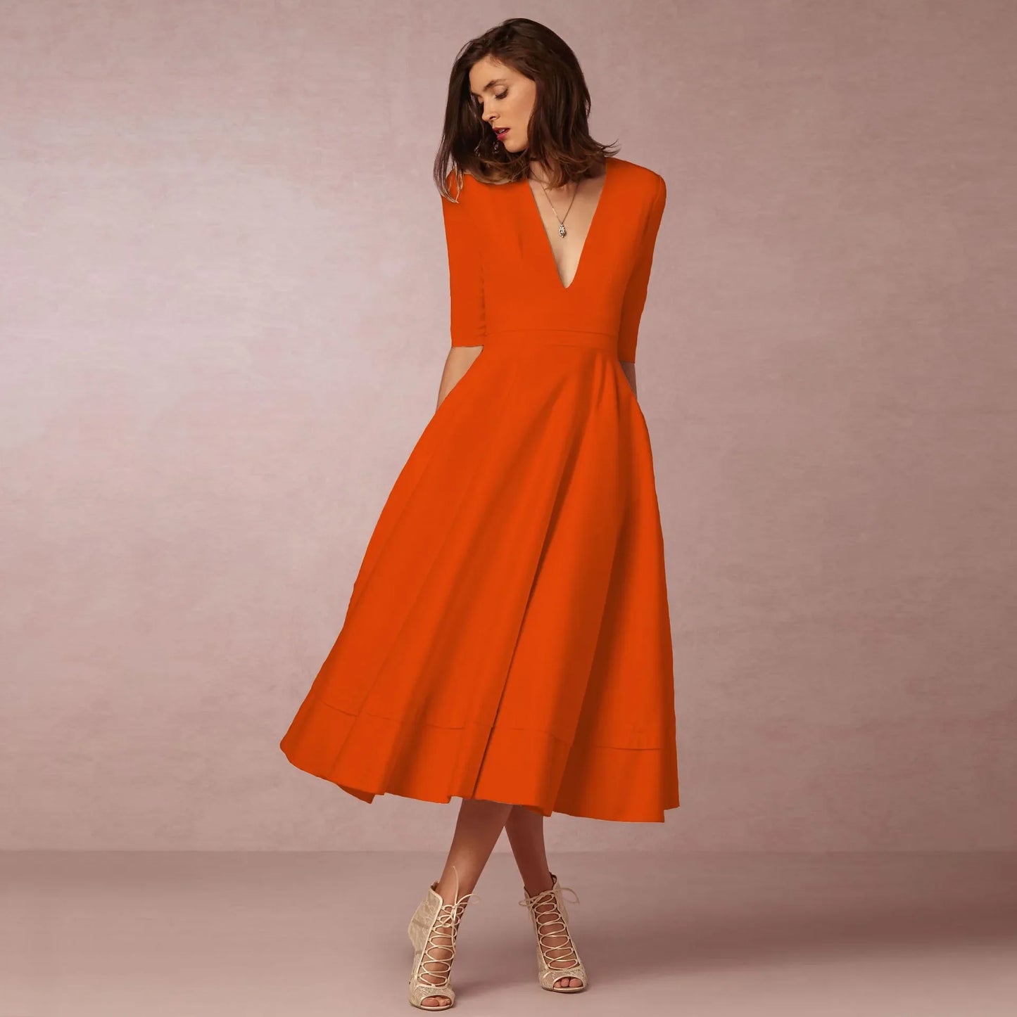 Victorina – Midi jurk met v-hals en halve mouwen voor dames