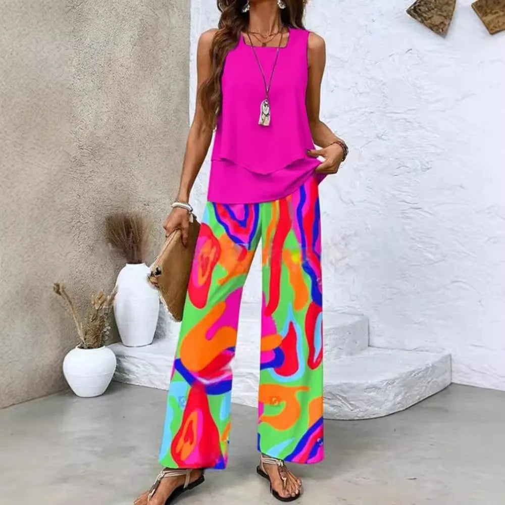 Elvira - Tweedelige dames set met gelaagde top en wijde broek