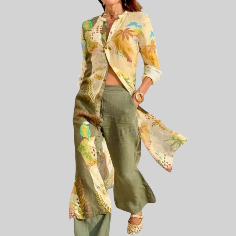 Jalila - Dames set met wijde broek en lange blouse met tropisch motief