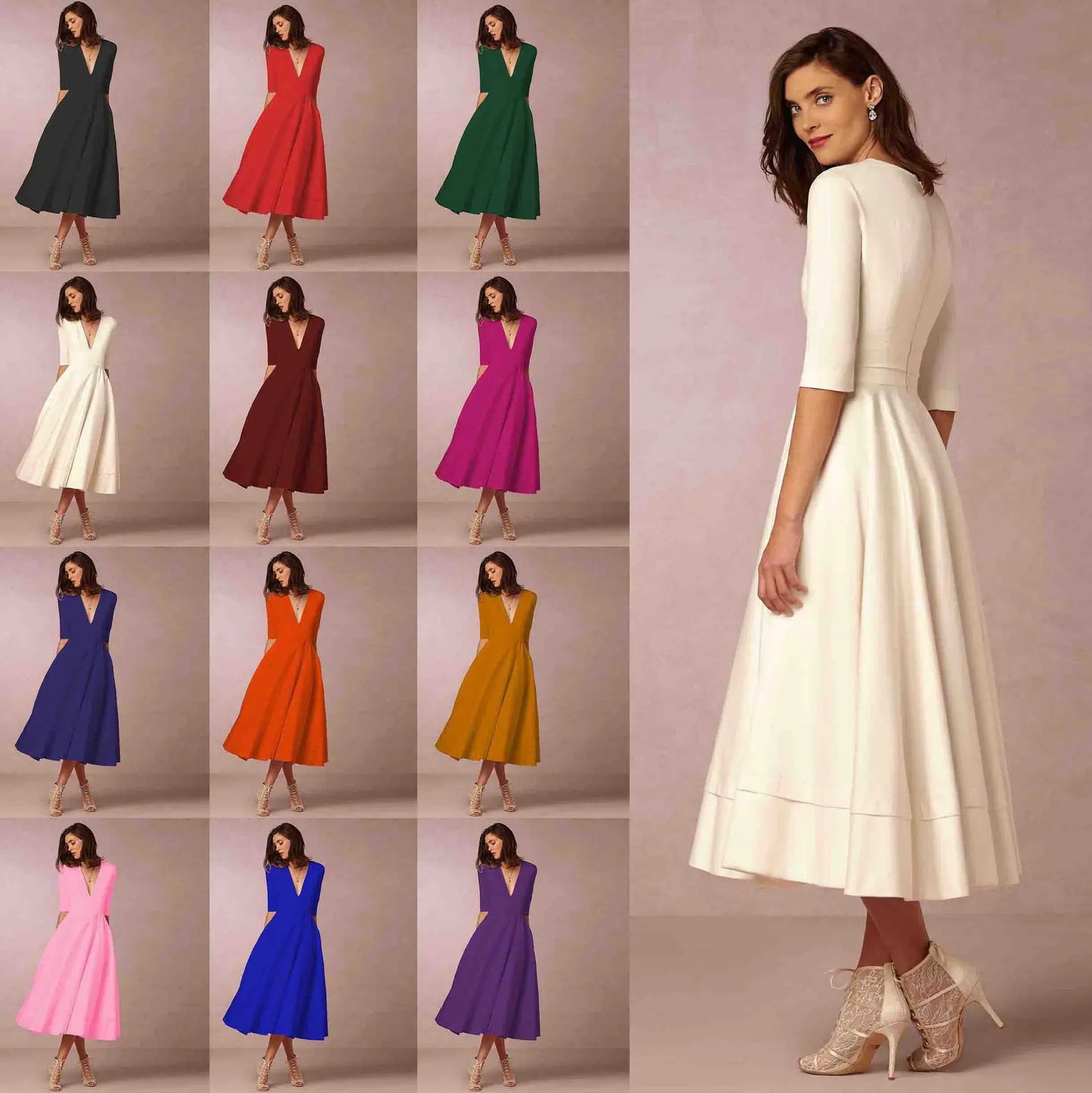 Victorina – Midi jurk met v-hals en halve mouwen voor dames