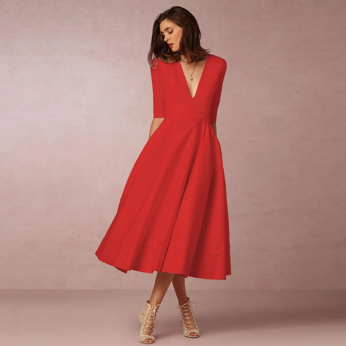 Victorina – Midi jurk met v-hals en halve mouwen voor dames