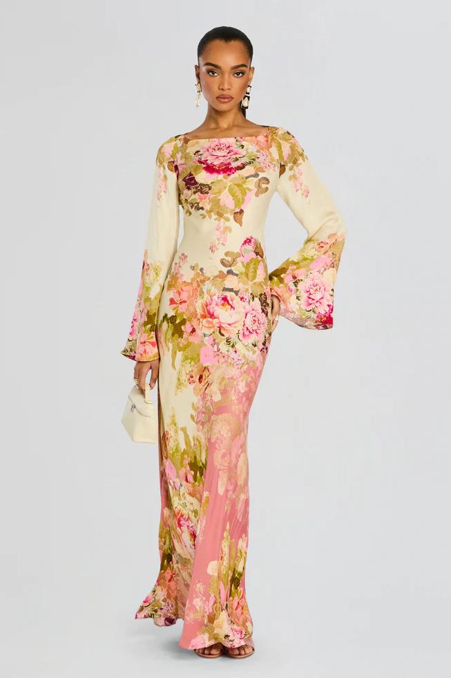 Modesta - Lange damesjurk met wijde mouwen en bloemenprint