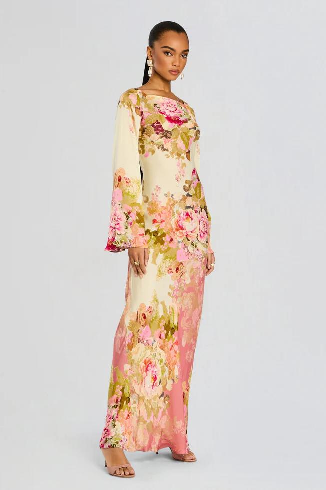 Modesta - Lange damesjurk met wijde mouwen en bloemenprint