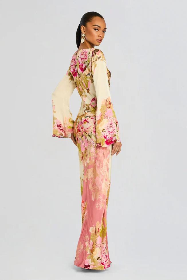 Modesta - Lange damesjurk met wijde mouwen en bloemenprint