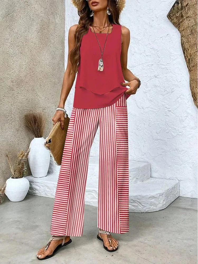 Elvira - Tweedelige dames set met gelaagde top en wijde broek