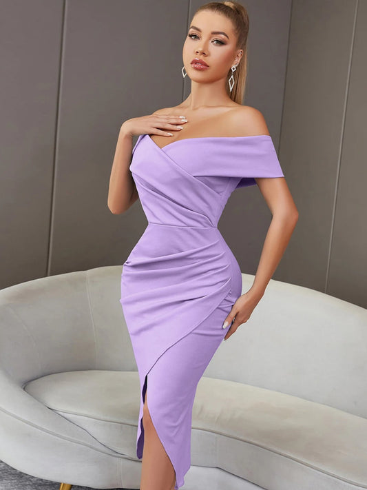 Khadijah | Dames off-shoulder gedrapeerde midi-jurk met split aan de zijkant