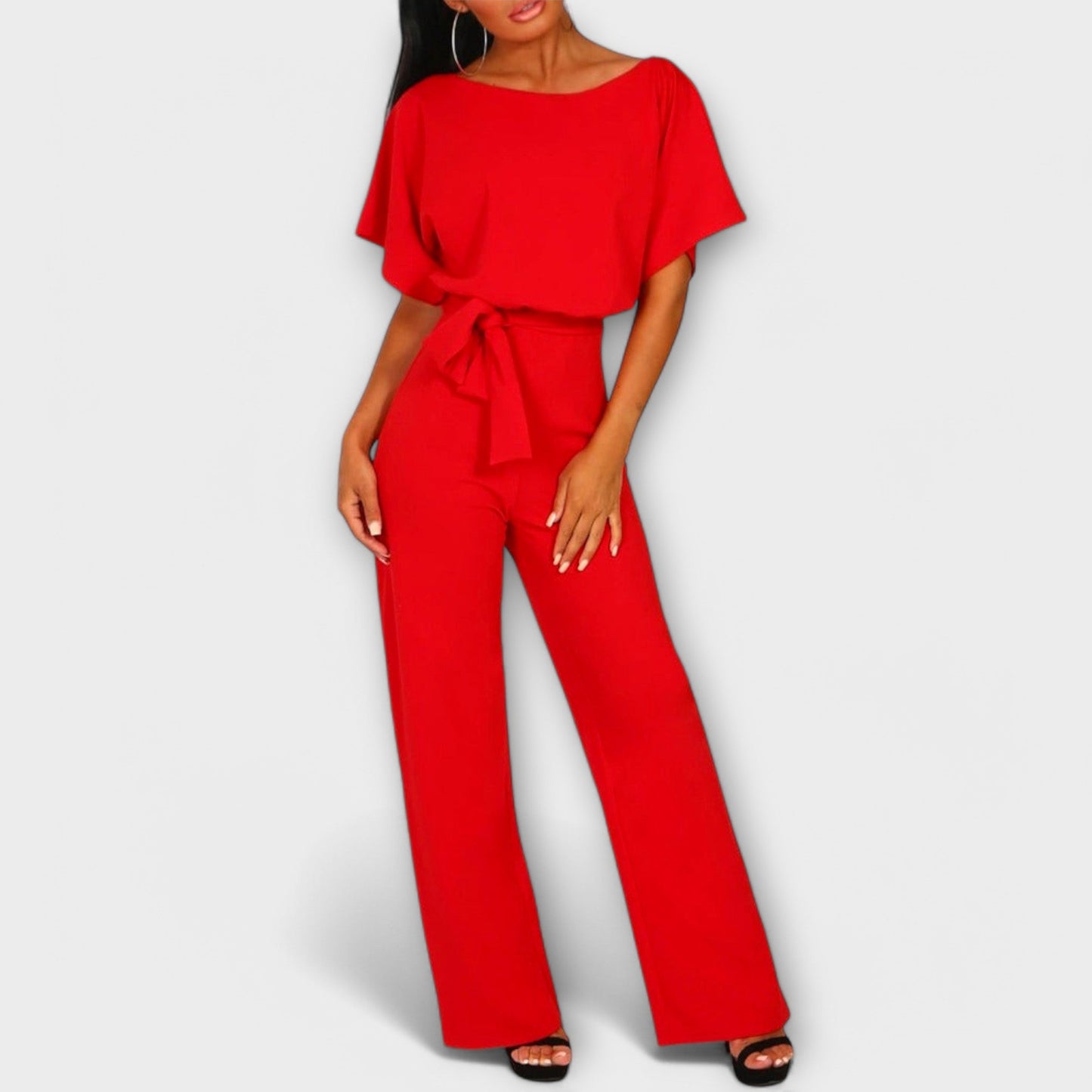 Raluca - Wijde damesjumpsuit met strikceintuur en korte mouwen